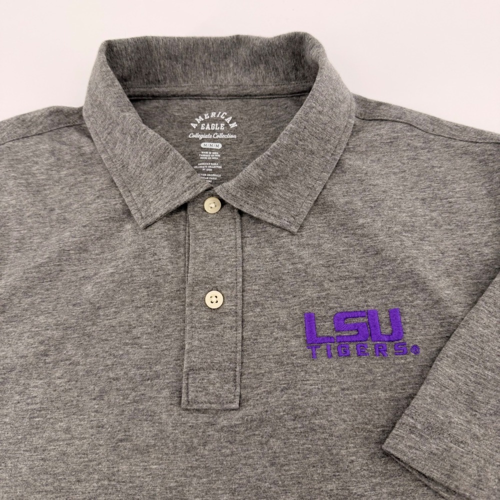 American Eagle Polo Mens Medium Gray LSU Tigers Embroidered logo Short Sleeve